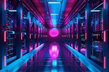High-Tech Server Room Interior with Glowing Network Equipment