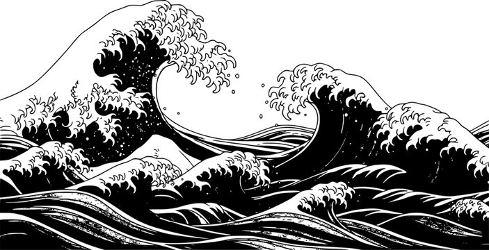 Asian japanese or chinese sea waves, vector oriental art. Vintage asian waves with ocean and sea water flow texture. Blue line splashes and tsunami surf with water swirls and ripples pattern