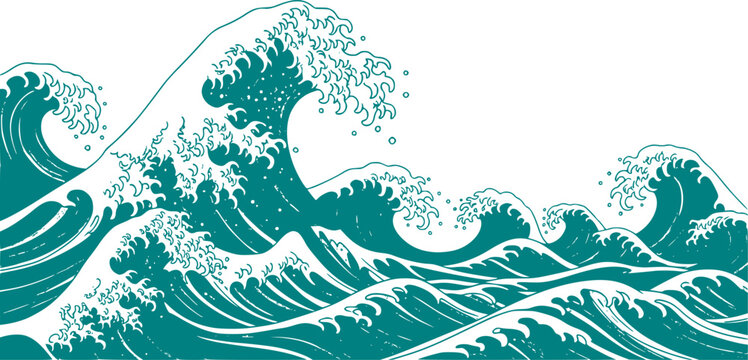 Asian japanese or chinese sea waves, vector oriental art. Vintage asian waves with ocean and sea water flow texture. Blue line splashes and tsunami surf with water swirls and ripples pattern