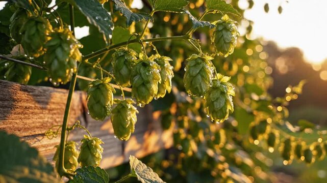 Close-up of fresh hop cones on a plant, with water droplets, illuminated by sunlight during the day