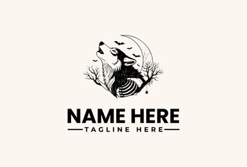 Fototapeta premium Black and white illustration of a wolf howling at the moon with trees, suitable for a logo or icon, featuring a placeholder name and tagline.