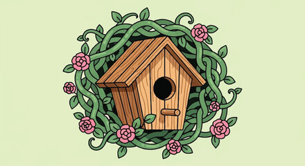 Charming Wooden Birdhouse Entwined with Pink Rose Vines and Green Leaves