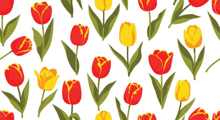 Obraz premium Seamless Floral Pattern with Vibrant Red and Yellow Tulips on White Background