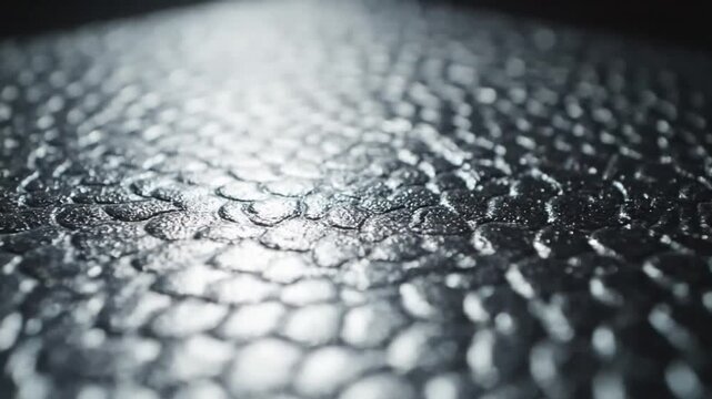 Abstract macro shot of textured black surface with scales creating a reflective shimmering pattern in soft focus