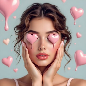 woman with pink hearts over her eyes