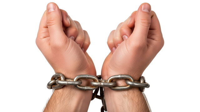Male hands tied with chain isolated on transparent or white background, png