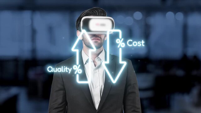 A business professional embraces virtual reality to enhance quality and minimize costs in a contemporary office setting, showcasing technological advancement. Raster