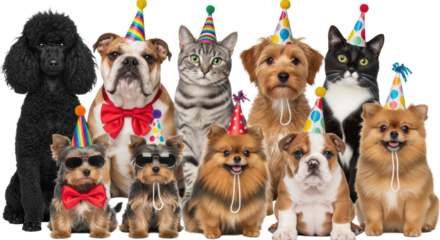 A line of diverse pets wearing vibrant party hats on a reflective white surface against a transparent studio background, high-key commercial pet birthday celebration