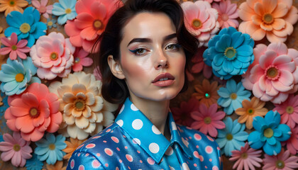 Stylish female model wearing a blue and white polka dot dress, posing gracefully in front of a vibrant floral background. The image conveys elegance, femininity, and a subtle sensual mood, blending ad