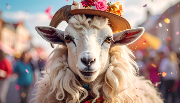 Humorvolles Portr&auml;t einer festlich verkleideten Ziege mit Blumenhut beim K&ouml;lner Stra&szlig;enkarneval. Das Motiv steht f&uuml;r ausgelassene Karnevalsstimmung in K&ouml;ln, rheinische Lebensfreude, traditionell, k&ouml;ln