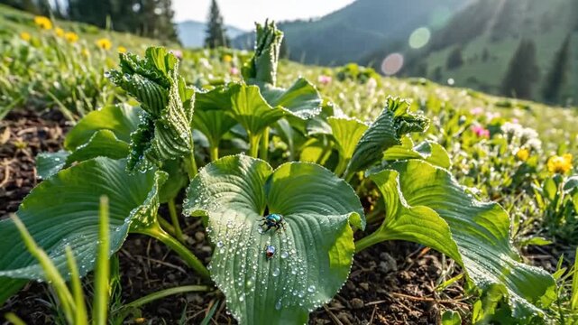 Morning light illuminates hosta plant leaves with dewdrops and two iridescent beetles in a mountain meadow