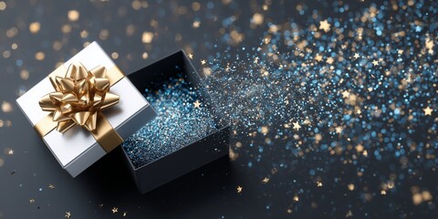 Luxury gift packaging concept with blue present, golden ribbon and sparkling confetti rain.