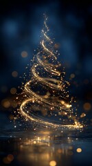 Luxury golden light trail Christmas tree with soft bokeh, copy space for text, stylish winter holiday and New Year design.