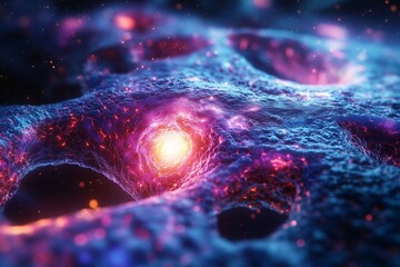 Macro view of luminous microbes in motion, abstract microscopic world suited for pharma ads, lab posters and education