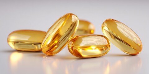 Golden softgel macro with glossy bubbles, perfect for omega-3, vitamin E and skincare supplement advertising visuals