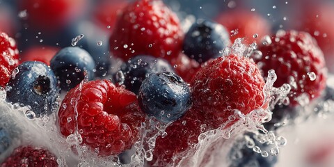 Juicy berries colliding with water, dramatic macro texture and glossy highlights for premium packaging, posters and web banners