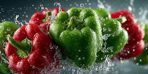 Juicy red and green peppers in a dynamic water spray, premium freshness visual for salads and meal-prep branding.