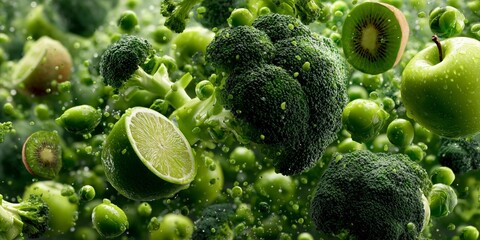 Fresh green produce storm with crisp textures, energetic concept for plant-based menus, fitness nutrition and health brands.