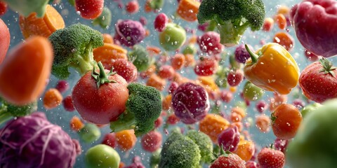 Dynamic floating vegetables with scattered spices, appetizing wellness and nutrition concept for modern culinary design projects.