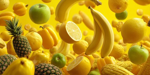 Floating bananas, lemons and pineapple in vibrant yellow space, playful tropical concept for smoothies and social media