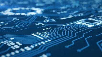 Close-up of a blue illuminated computer circuit board revealing technology and digital data processing - Powered by Adobe