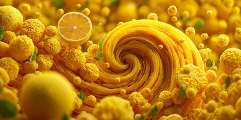 Sunny yellow vortex of citrus and tropical produce, energizing background for juice brands, summer ads, and packaging