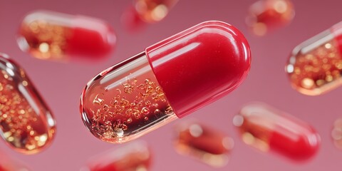 Shiny translucent softgels floating in warm light, premium nutraceutical concept for e-commerce listings and brand banners.