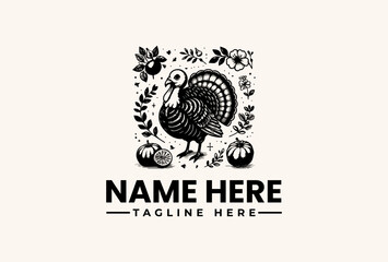Black and white illustration of a turkey surrounded by leaves and pumpkins with a placeholder name and tagline on a beige background, featuring a logo and icon design.