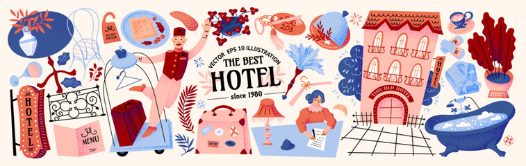 Boutique hotel and service facilities. Cozy vector illustration of concierge, luggage, reception desk, room service, interior decor , building facade, bath, and hospitality objects for travel, tourism
