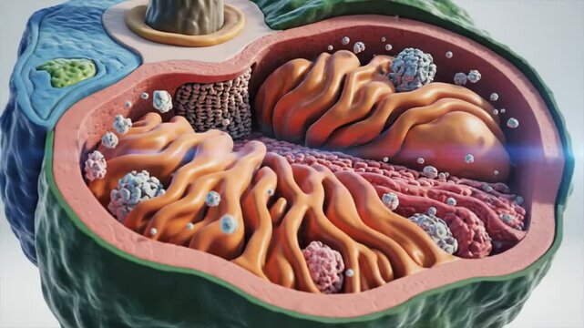 Anatomical cross-section model of a cell with Golgi apparatus and endoplasmic reticulum organelles displayed