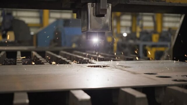 Industrial CNC plasma cutter precisely cutting through sheet metal creating holes and shapes with sparks