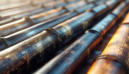 A close-up view of a series of rusty metal pipes with threaded connections