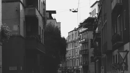Fotobehang Milaan Black and white street view in Milan city center with lush green trees and plants  © Markiian Pankiv