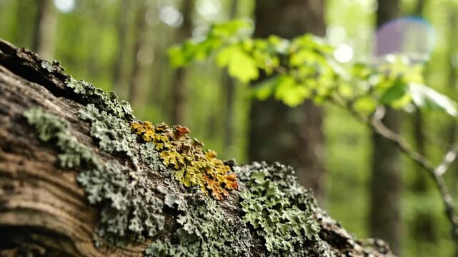 Close-up of colorful lichen on a fallen tree branch in a bright green forest with sun flare