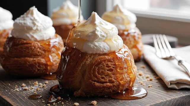 Delicious rum baba cakes topped cream syrup wooden board close-up