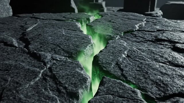 Mysterious glowing green fissure splitting textured dark stone surface in dark environment with sound effects
