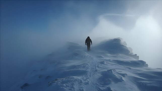 Hiker Facing Brutal Cold Wind On Icy Ridge Snow Blasting Sideways Dramatic Adventure Landscape Photography