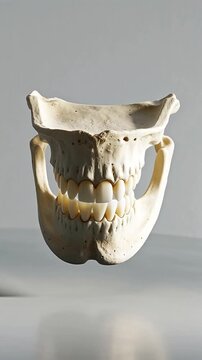 Anatomical model of human upper and lower jaw with teeth in beige and white colors representing dentistry education and maxillofacial surgery
