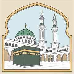 Kaaba with Green Dome & Minarets in Ornate Arch - Islamic Holy Site