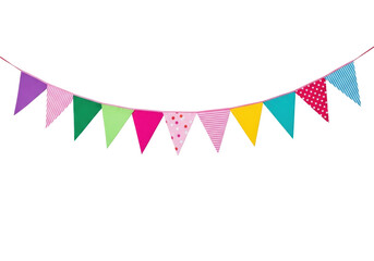 Fototapeta premium Vibrant triangular bunting flags in pastel and bright colors, with stripes and polka dots on a red cord, suspended horizontally against a transparent background with copy space, festive decoration