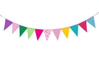 Vibrant triangular bunting flags in pastel and bright colors, with stripes and polka dots on a red cord, suspended horizontally against a transparent background with copy space, festive decoration