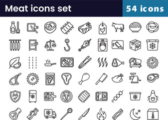 Meat and butcher icon set in linear outline style with food, beef, and chicken symbols for cooking, including 54 steak illustrations for restaurant and barbecue.