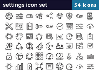 Settings icon set in linear outline style with gear, control, and system symbols for configuration, including 54 technical illustrations for interface and adjustment.