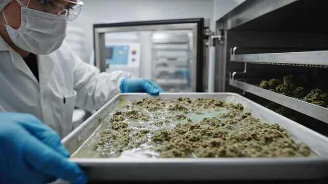 Lab worker placing tray of cannabis extract into a stainless steel industrial oven for processing