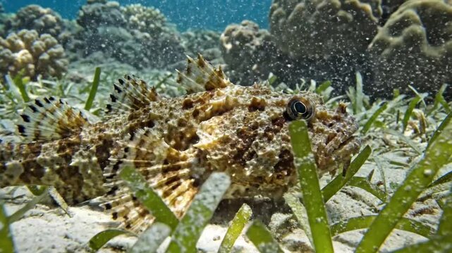 Camouflaged stonefish rests on a sandy seabed amongst seagrass and coral reef with bubbles rising in the water