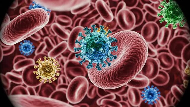Microscopic view of viruses invading human blood and attacking red blood cells to cause illness and disease