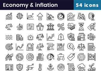Economy and inflation icon set in linear style with growth, market, and business symbols for finance, including 54 investment illustrations for money and profit.