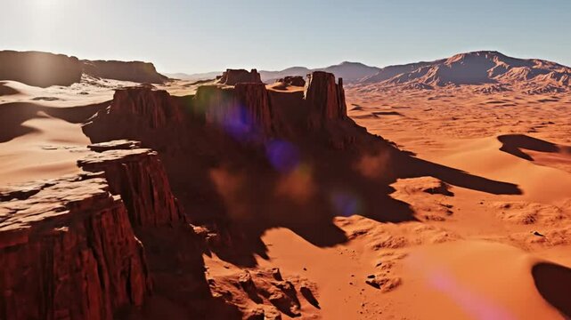 Epic Mars landscape showcasing stunning mesas and sweeping sand dunes under a clear blue sky, evoking a sense of exploration and the vast unknown.