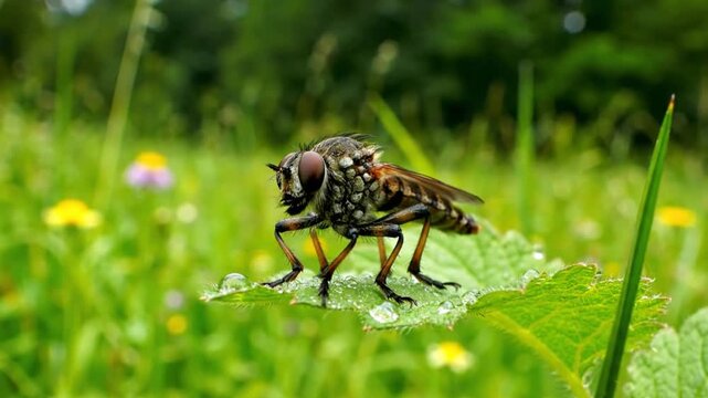Close-up of a Robber Fly on a Green Leaf with Water Droplets Surrounded by Nature in a Meadow