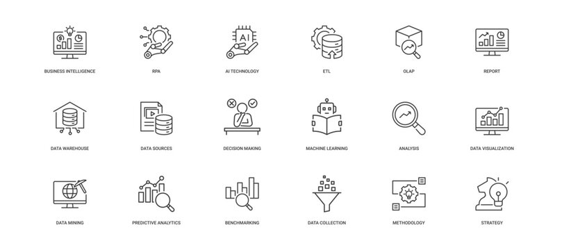 Business Intelligence and Automation Technology icon set containing business intelligence, RPA, AI technology, ETL, OLAP, report, data warehouse and data sources vector icons